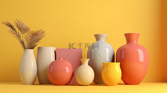 黄色背景上充满活力的陶瓷花瓶和罐子，带有​​复制空间 3D 渲染简约的家居装饰设计