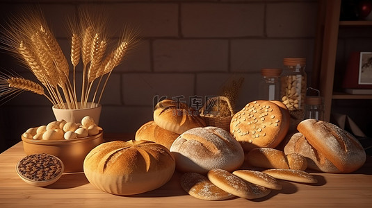 早餐场景背景图片_3D 渲染中的装饰面包场景