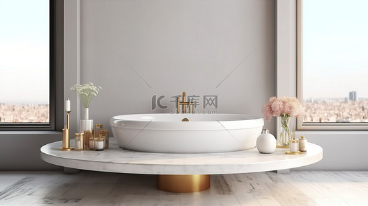 白色陶瓷浴缸与用于美容产品展示的空圆桌的逼真 3D 渲染相得益彰