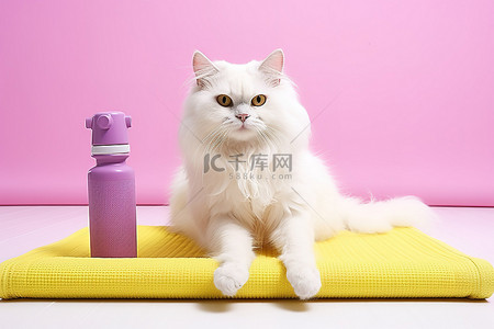 花式跳绳背景图片_白猫，手里拿着一瓶水和重物，坐在垫子上的垫子旁边