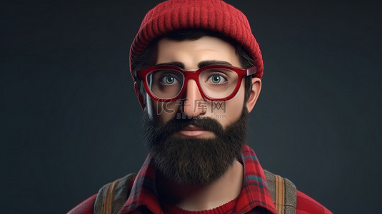卡通胡子背景图片_红色法兰绒留着胡子的男性角色，戴着眼镜，3D 渲染半身