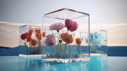 玻璃背景和讲台增强了 3d 渲染花田的美感