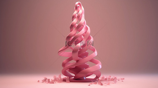 3d 渲染插图粉色丝带扭曲成圣诞树的形状，带有粉色星星和基座