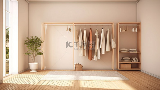 宽敞的衣柜，带有独立的衣架，内部明亮，采用 3D 渲染创建
