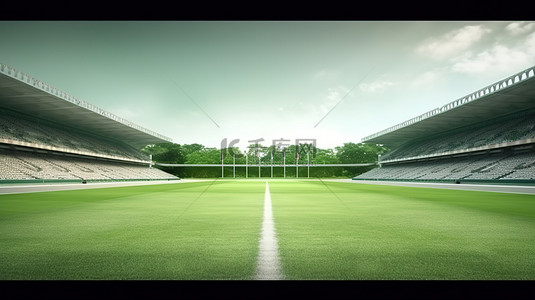 板球场前视图的 3D 插图，有郁郁葱葱的绿色外场和球场