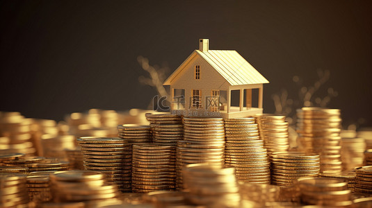 一堆硬币，上面有金屋，描绘了金融稳定性 3D 渲染