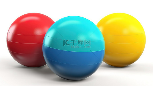 在白色背景上隔离的 3d 渲染中的一排彩色沙滩球