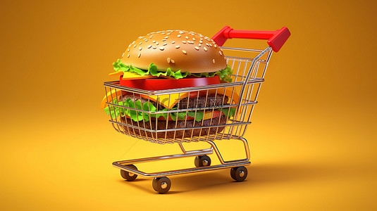 美味手背景图片_3d 渲染的购物车装满美味的汉堡
