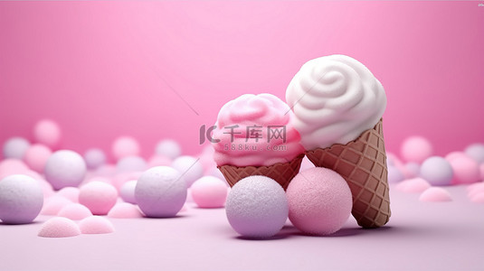 粉色华夫饼锥体和蓬松配料的异想天开的 3D 插图