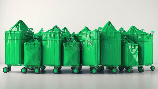 一组带轮子的 3D 渲染绿色购物袋