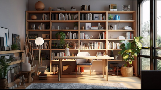 时尚家庭办公室的高架视图，配有工作台书架时尚的装饰和舒适的 3D 椅子