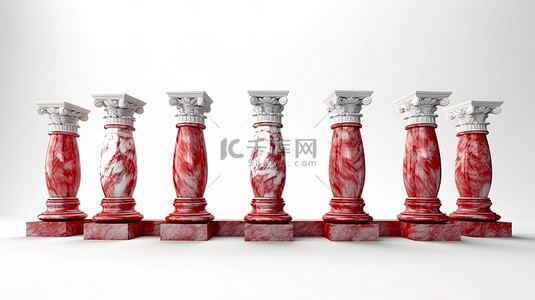 传统的红色大理石栏杆，带有柱子，在 3D 中创建的白色背景下