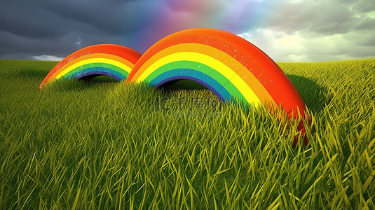 卡通天空草地背景背景图片_绿草丛中充满活力的 3d 卡通彩虹