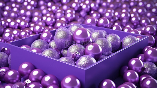 一盒闪亮的紫色圣诞饰品 3D 渲染概念，带来欢乐的假期