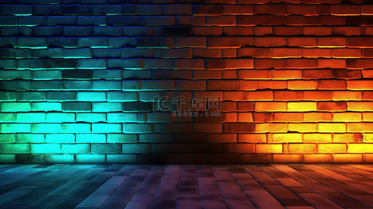 荧光蓝荧光背景图片_3D 渲染双色调照明强调砖墙背景