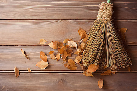 扫地机免费背景图片_木质背景上有叶子的扫帚
