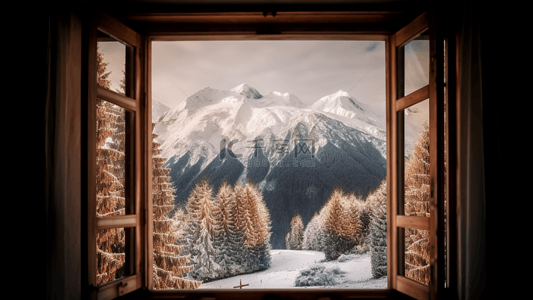 冬天场景图背景图片_窗外雪山深色自然