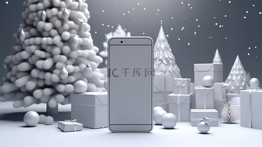 礼敬老人背景图片_装饰精美的手机，配有圣诞树礼物和 3D 渲染