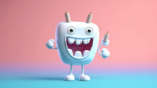 带牙套的卡通人物牙科检查卫生和健康的重要性 3D 插图