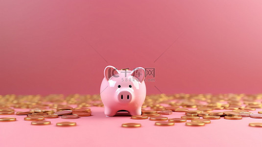 未来的财务规划存钱罐和金币靠在粉红色的墙上，主题是赔钱 3D 渲染