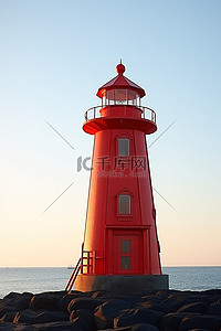 坐落在海滩上的灯塔是红色的