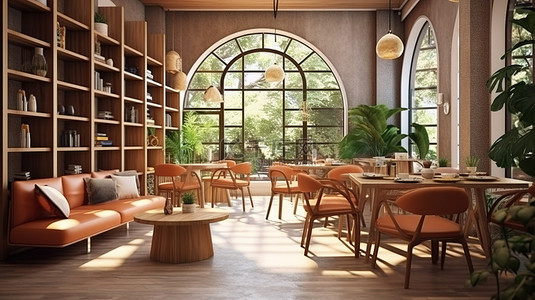 家庭书房背景图片_咖啡厅或咖啡馆休息区的 3D 渲染