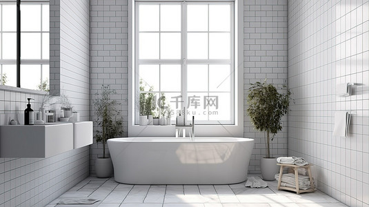 当代斯堪的纳维亚浴室设计，配有白色瓷砖内饰和窗户 3D 渲染