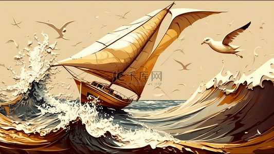 帆船海鸥背景图片_旅游海边帆船海浪金色背景