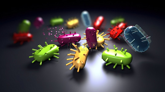冠亚季图标背景图片_3d 药丸图标周围的微生物和飞行病毒