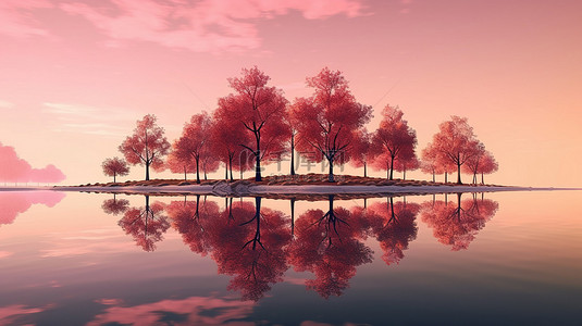 令人惊叹的 3D 渲染柔和的日出，俯瞰宁静的湖泊，倒映着粉红色的树木和郁郁葱葱的绿草