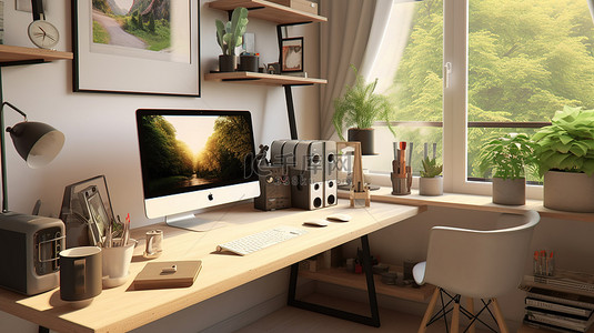 现代家庭办公室设置，在光滑的木桌上配备便携式平板电脑和装饰配件，3D 渲染