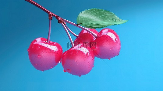 蓝莓樱桃背景图片_充满活力的樱桃果实，叶子在蓝色背景 3D 渲染上呈现华丽的双色调