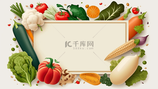 美食插画背景背景图片_蔬菜白色品种丰富多样边框背景