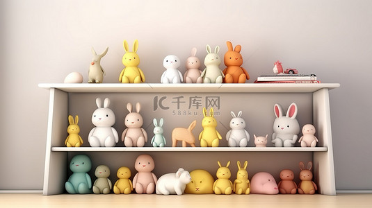 坐著的孩子背景图片_以惊人的 3D 插图展示在白色架子上的玩具兔