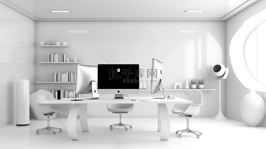 复印背景图片_现代办公空间，配有时尚的白色办公桌 3D 设备和充足的复印空间