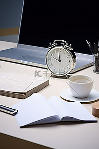 桌子键盘背景图片_一张带闹钟笔和纸的桌子的照片