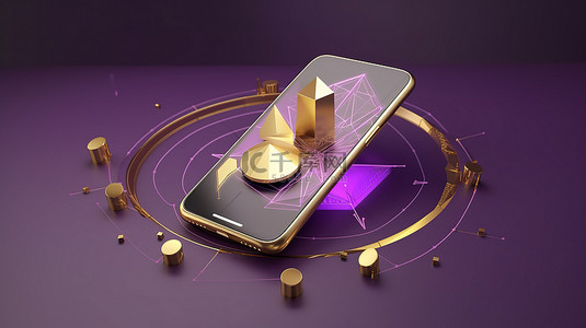 以太坊加密货币概念金币和箭头在紫色背景上 3D 智能手机插图