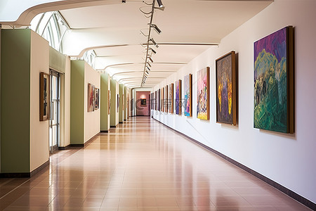 斯洛伐克背景图片_博物馆长长的走廊里陈列着许多画作