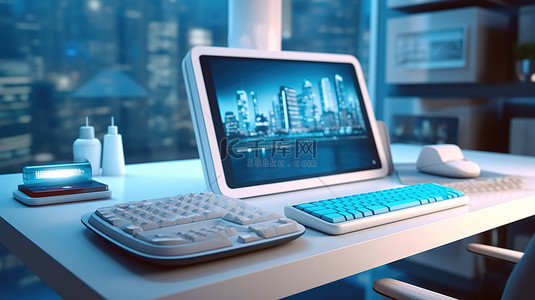 移动办公背景图片_现代家庭办公室的 3D 渲染，配有便携式平板电脑和魔术键盘特写