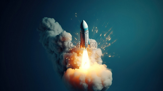 礼物盒喷出礼物背景图片_3d 火箭在蓝天上发射时喷出的烟雾痕迹