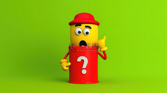 绿色垃圾箱的 3D 渲染，带有回收符号和在充满活力的黄色背景上持有红色问号的人物吉祥物