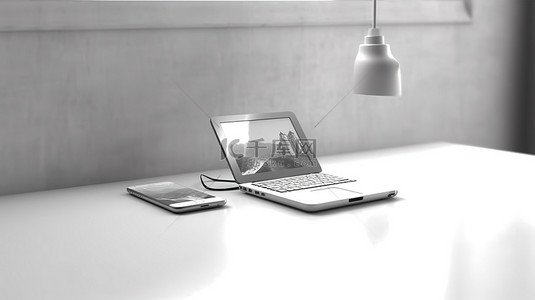 供水卫生公示栏背景图片_移动设备和笔记本电脑显示在时尚的白色混凝土办公桌 3D 渲染上