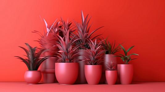 红色花卉盆栽背景图片_充满活力的彩色盆栽，在醒目的红色背景上种植室内植物，非常适合定制文本 3D 插图