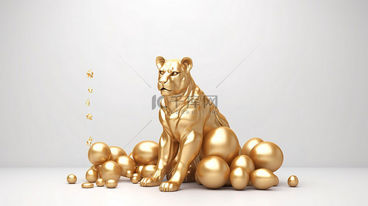 白色中式背景图片_3D 金色老虎雕塑装饰有栩栩如生的气球微型球体和白色背景下的空白区域