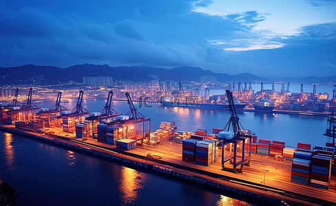 码头夜景背景图片_一个装满集装箱的大港口，外面停泊着船只