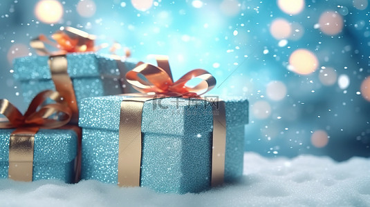 白雪皑皑的背景上闪闪发光的圣诞礼品盒，华丽而动态的 3D 插图，适合冬季节日