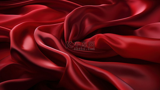 红色丝绸面料优雅地在风中飘扬，令人惊叹的 3D 渲染