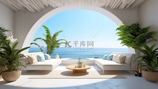 海滨露台 3D 渲染的起居区，可欣赏壮丽的景色