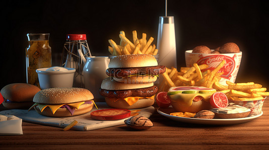 可口食品背景图片_充满活力的3D垃圾食品场景