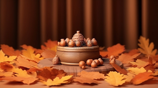 秋季秋叶背景图片_节日秋季万圣节讲台装饰，配有 3D 渲染的橡树叶和橡子